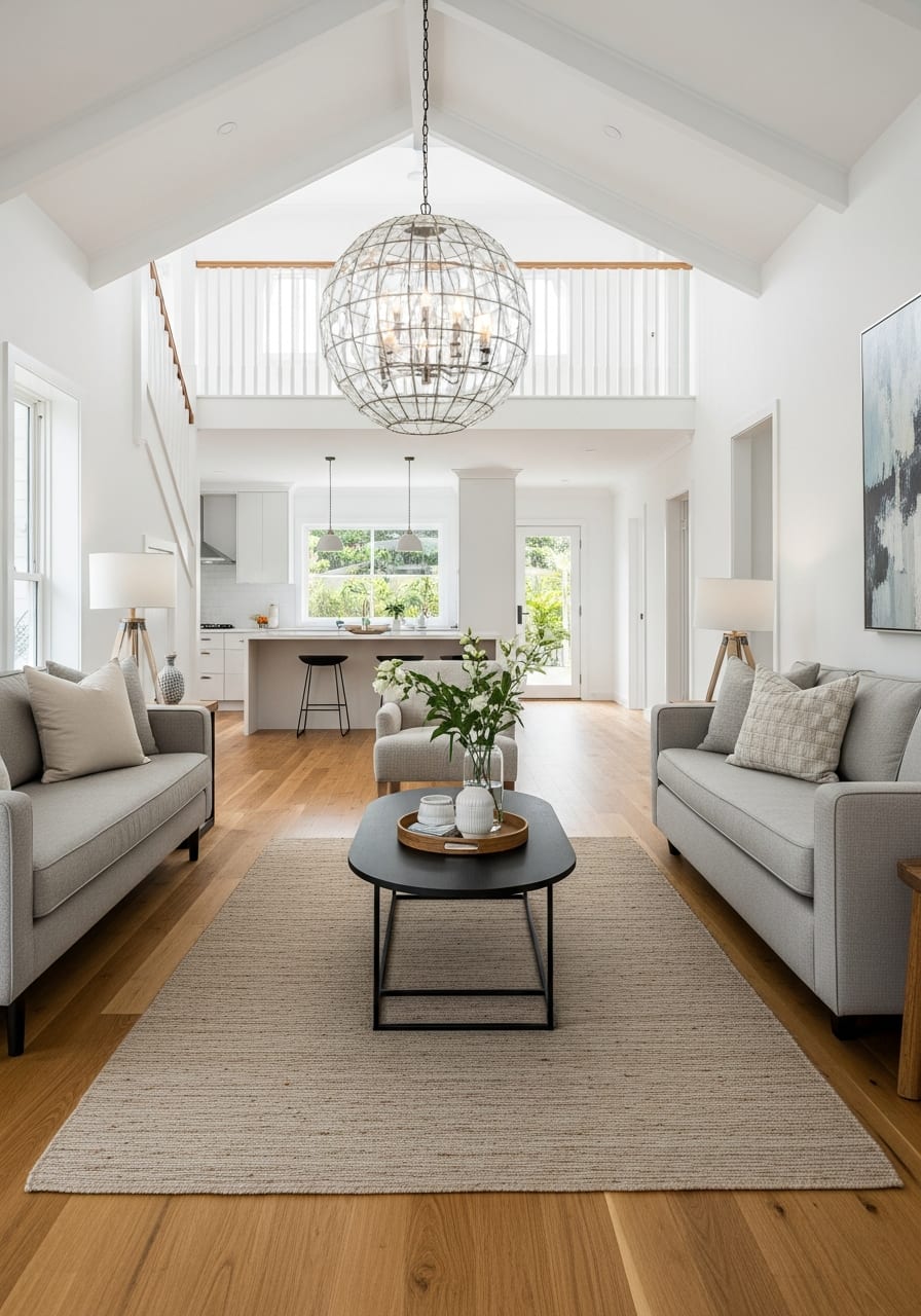 Sun-filled, spotlessly clean open-plan living room in a Brisbane Queenslander-style home with sheer linen curtains, timber floors and indoor plants